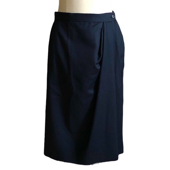 YVES SAINT LAURENT RIVE GAUCHE Navy Pleated Wrap Wool Midi Skirt VINTAGE - Picture 1 of 6